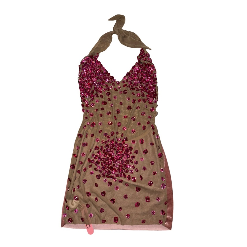 Rosedress HALTER NECK BACKLESS VELVET SHEER MESH RHINESTONE MINI DRESS- Rose NWT - Picture 3 of 9